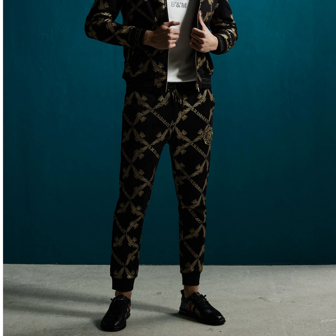 B.M.SABARATI 秋冬男装轻奢金线提花修身束脚百搭运动裤休闲裤E