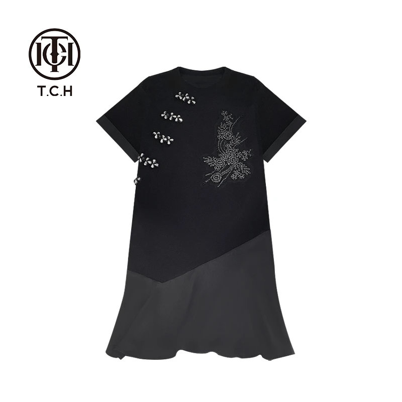 TCH轻奢新中式烫钻工艺夏款显瘦时尚连衣裙女T72B30E9077私服tch