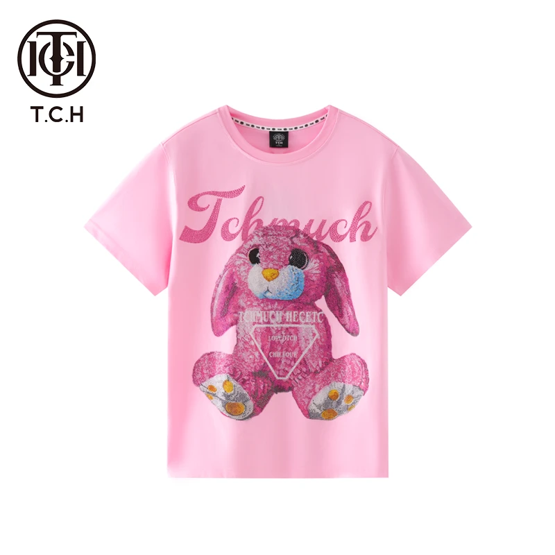 奥莱-TCH潮牌炫彩烫钻休闲可爱兔粉色圆领T恤情侣款T69C10E6007