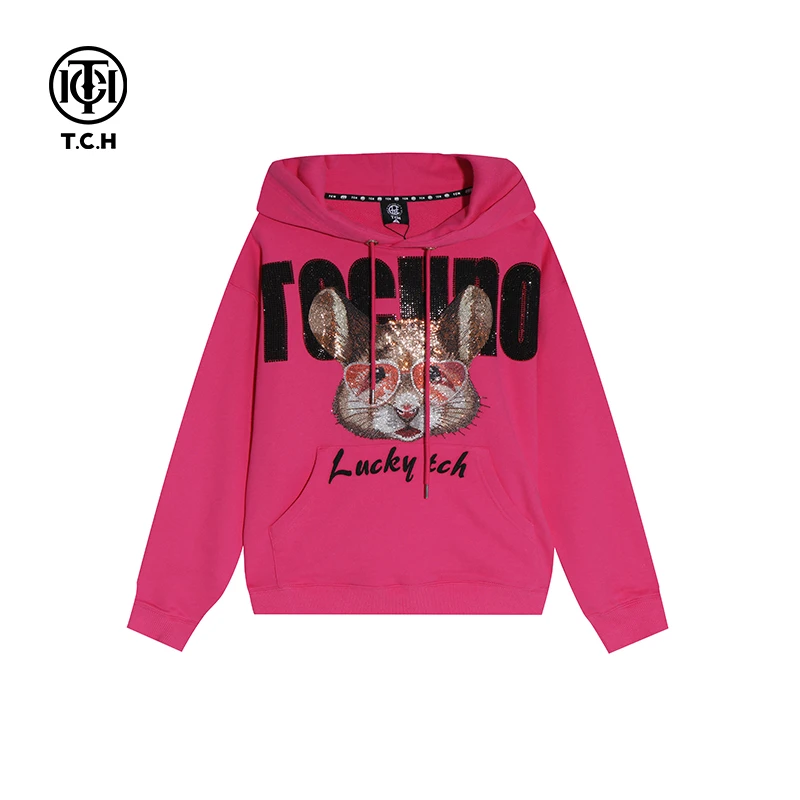 TCH潮牌花栗鼠烫钻玫红色帽衫连帽宽松时尚男女同款T21112B6049