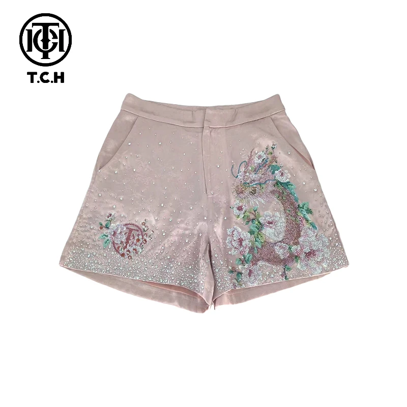 TCH轻奢烫钻工艺新中式粉色印花龙元素短裤女T72B21E6021私服tch