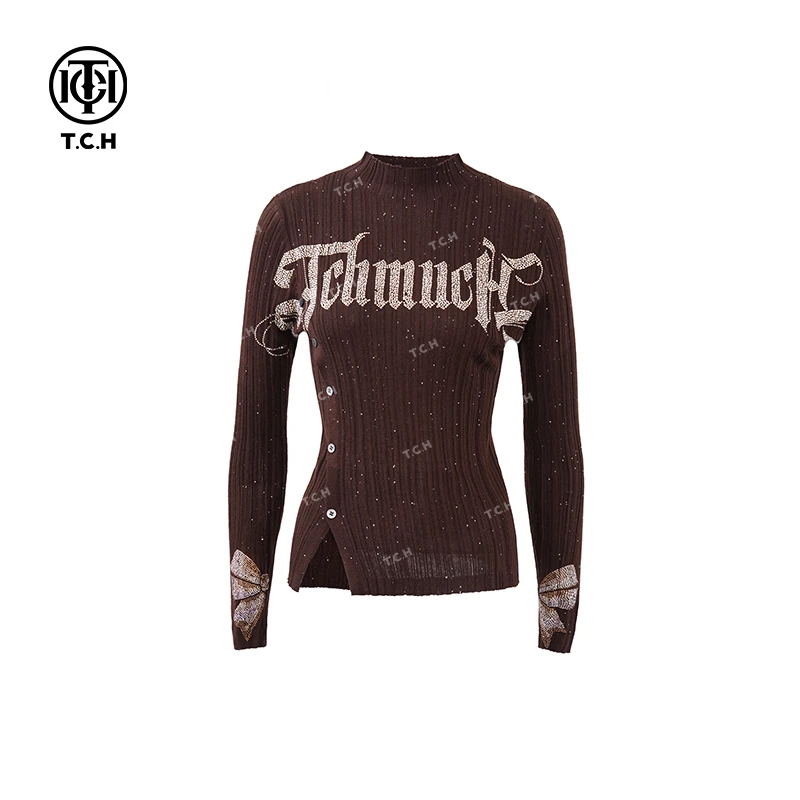私服-TCH秋冬新款设计感圆领洋气英文烫钻针织打底衫T72C09E5067