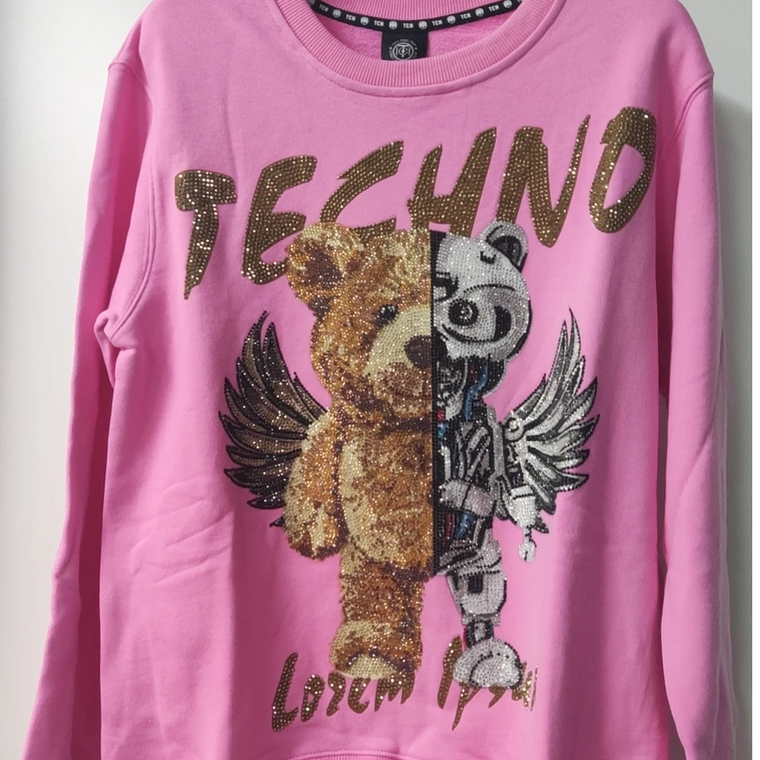 潮牌-TCH潮牌机械小熊烫钻圆领长袖百搭宽松休闲卫衣T21311C6013