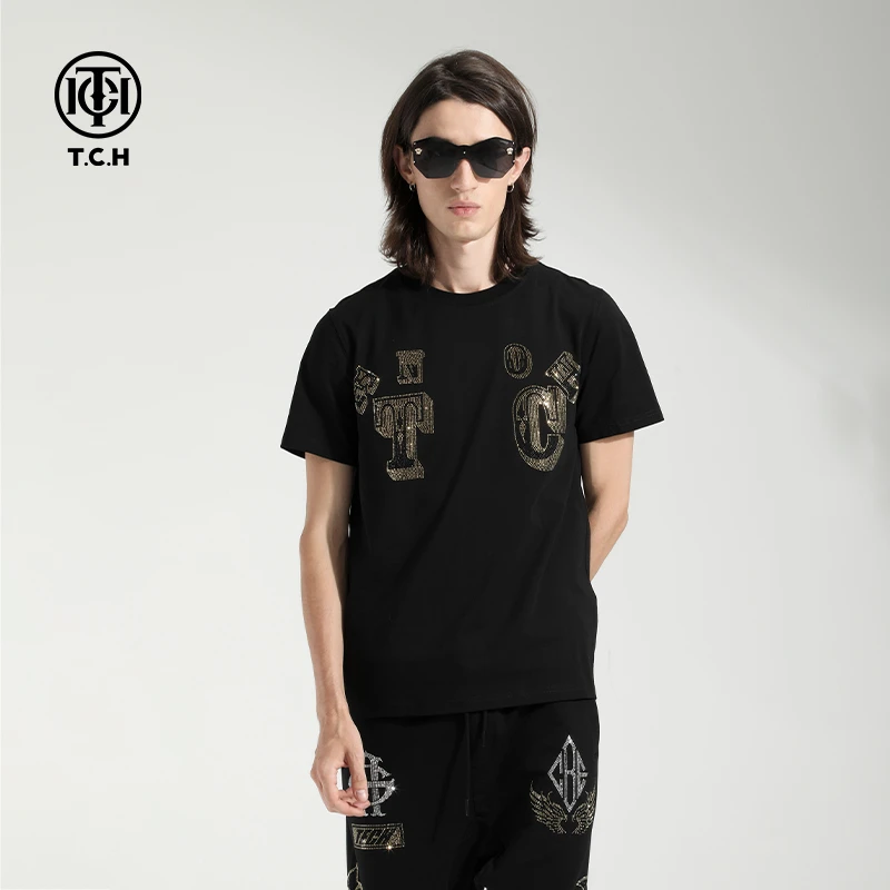 唐山-TCH潮牌字母烫钻黑色短袖T恤男女透气衣服半袖T21110C6239