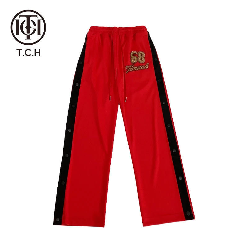 奥莱-TCH潮牌刺绣烫钻撞色红色运动风侧开长裤T72A20E6011洋气