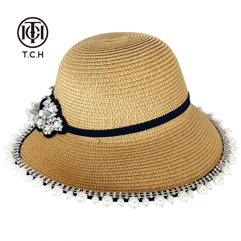 TCH轻奢烫钻工艺时尚米色重工手缝钻遮阳帽女T72B41E9016私服tch