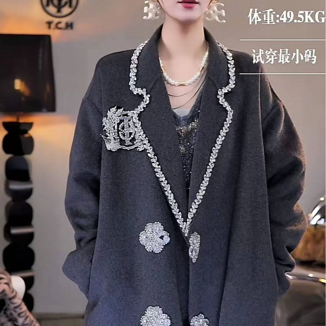 轻奢-TCH烫钻慵懒风百搭宽松羊绵羊毛外套羊毛呢子大衣T72D286011
