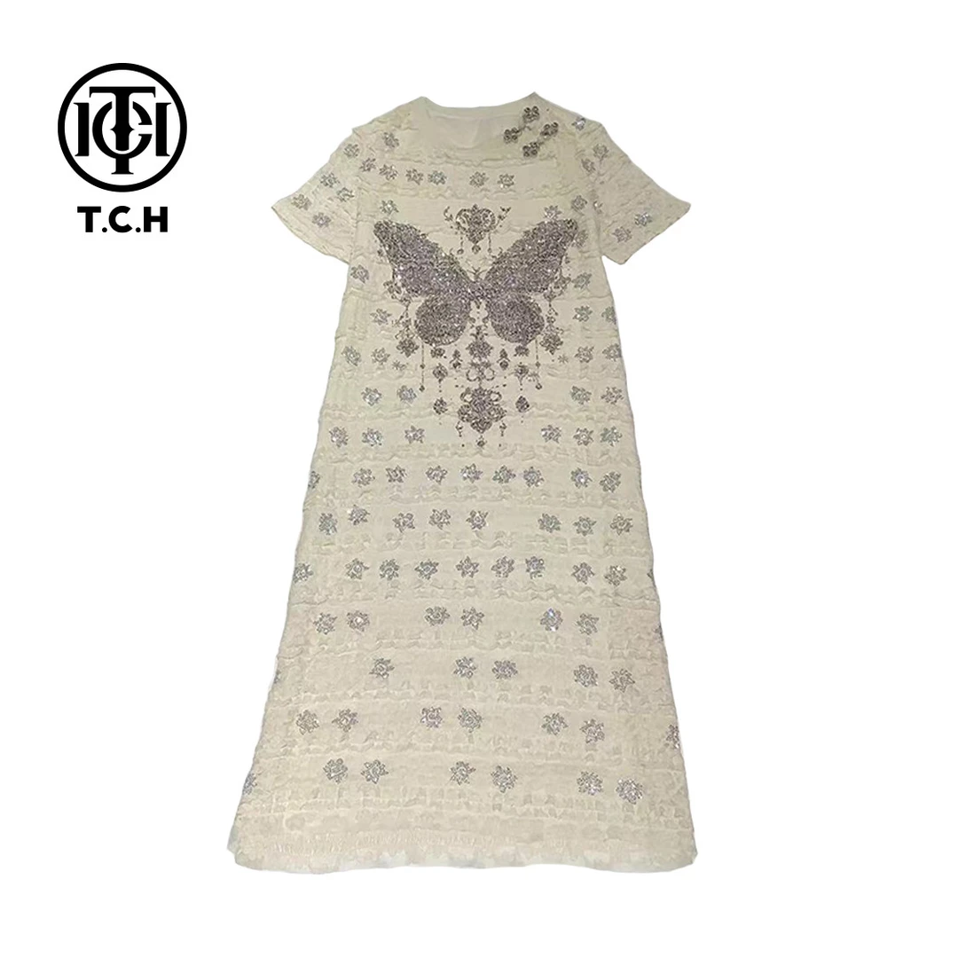 TCH轻奢烫钻工艺新中式新款收腰重工连衣裙女T72B30E9029私服tch