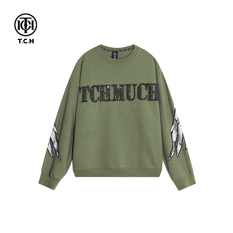 奥莱-TCH潮牌字母大翅膀烫钻抹茶圆领套头时尚绿卫衣T66B116106