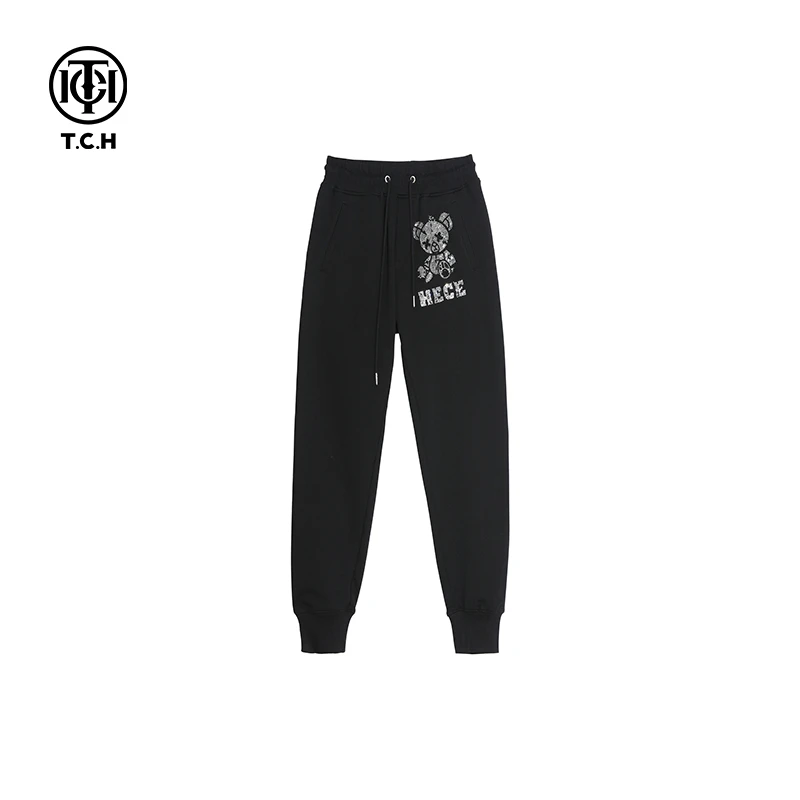 潮牌-TCH轻奢大C撒娇熊烫钻字母休闲黑长裤男女同款 T21120C3012