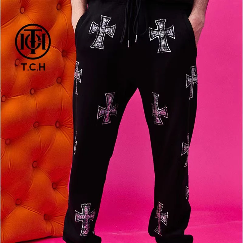 TCH银色十字架烫钻时尚百搭长裤重工弹力休闲裤T66C206115