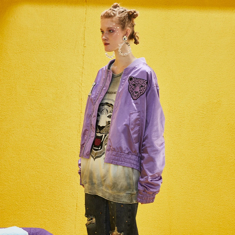 爆款-TCH潮牌外套烫钻豹子头字母2025春夏男女紫色夹克T69A166001