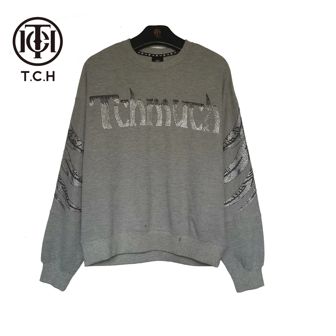 TCH-TECHNO CHILLOUT HOUSE潮牌字母翅膀烫钻灰色卫衣T66C11E6046