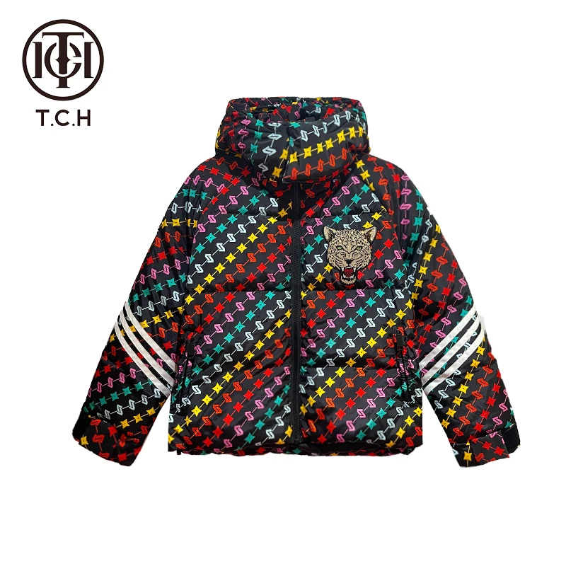 潮牌-轻奢时尚字母老花豹子烫钻条纹轻奢花色羽绒服T69D19E8005