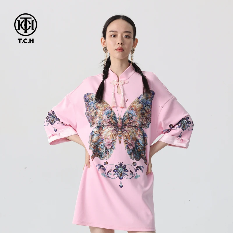 TCH新中式连衣裙女时尚重工蝴蝶烫钻T恤裙2025秋季新款T72C306005