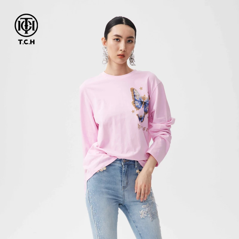 潮牌-TCH烫钻休闲长袖T恤女圆领宽松上衣2025秋季新款T72C086010