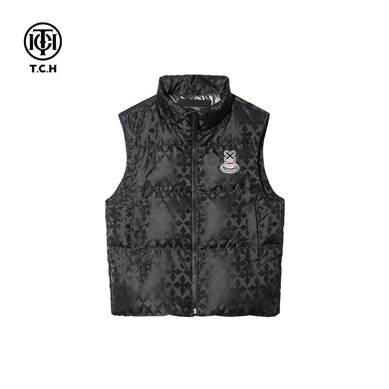 奥莱-TCH潮牌黑色暗花烫钻潮流时尚百搭秋冬羽绒马甲S69D258003