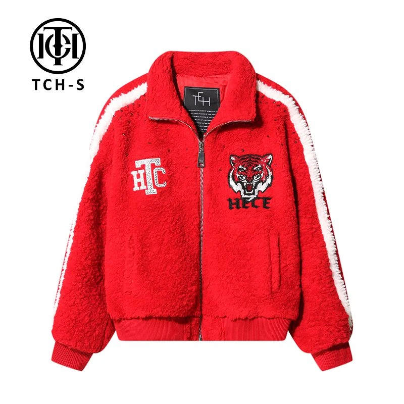 轻奢-TCH潮牌高定手工镶钻冬季时尚潮流红色毛毛外套S69D276038