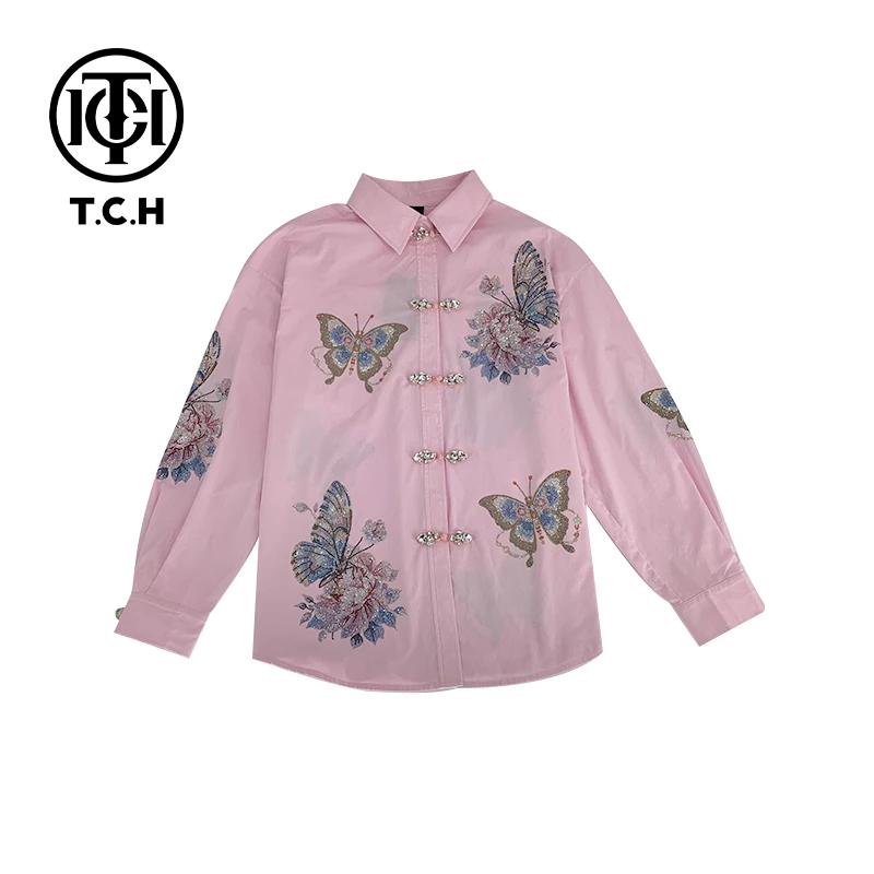 私服TCH2025秋季新款国风蝴蝶烫钻衬衫复古轻薄衬衣T72B13E6006