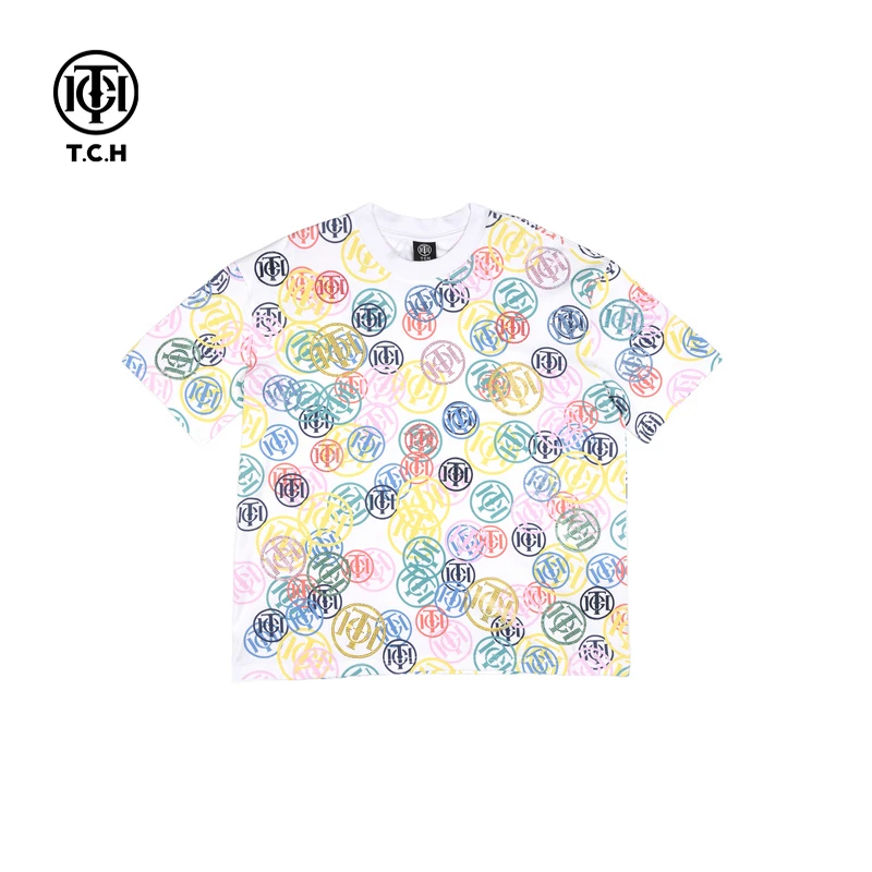 轻奢-TCH2025夏新款烫钻潮牌T恤圆领宽松印花短袖T72B106042