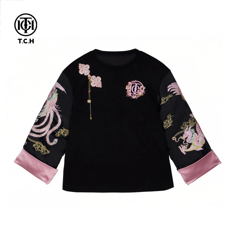 TCH 2025秋季新款烫钻国风套头卫衣女时尚中式气质上衣T72C116120