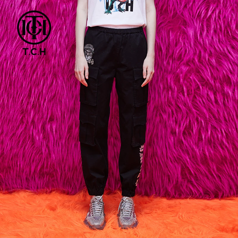 奥莱-TCH潮牌休闲长裤烫钻虎头2025春夏男女黑色工装裤T69A206007