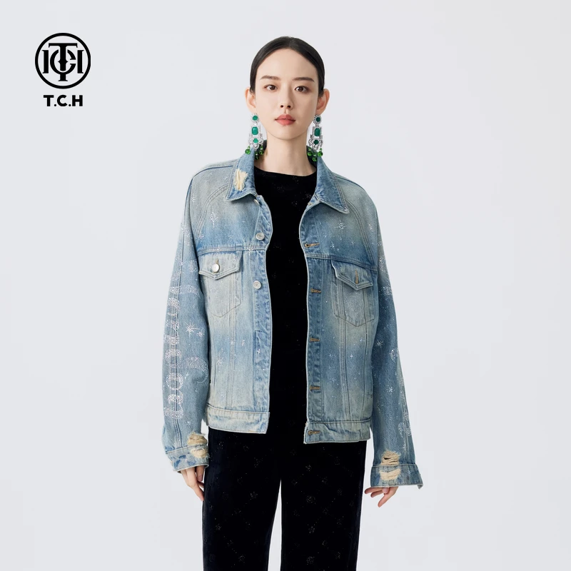 爆款-TCH美式复古水洗做旧牛仔外套2025烫钻夹克上衣男T72C068010