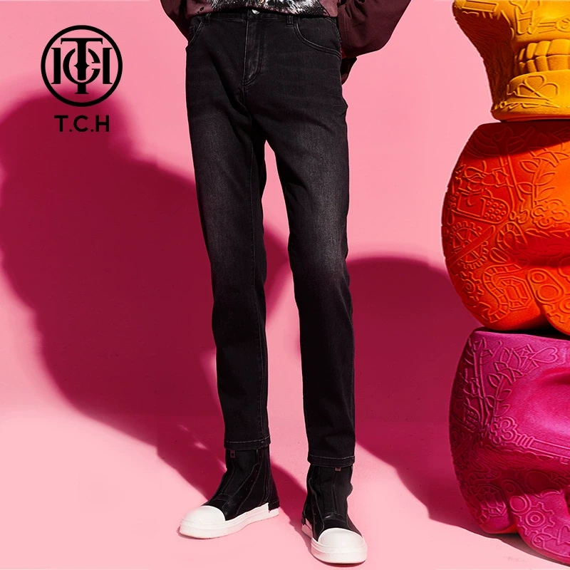 TCH轻奢烫钻工艺老虎百搭直筒黑色情侣款牛仔裤T69D208020私服tch