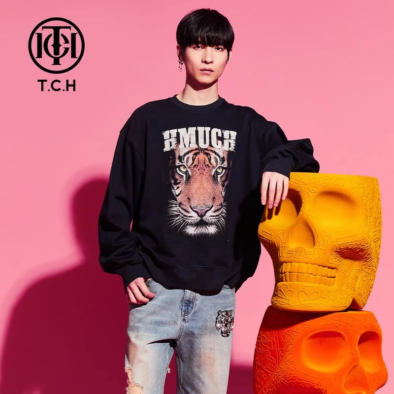 TCH轻奢烫钻工艺老虎头长袖圆领卫衣情侣款T69D116060私服tch