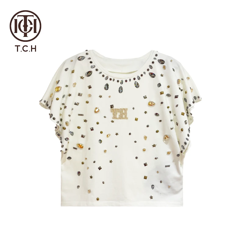 TCH潮牌夏季高定手缝系列休闲时尚满钻蝙蝠袖白色T恤T69B10E6036