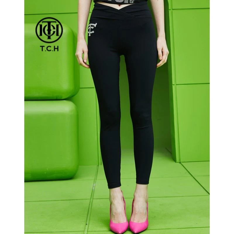 奥莱-TCH潮牌打底裤烫钻珍珠字母春夏新款女士黑色长裤T69A236003