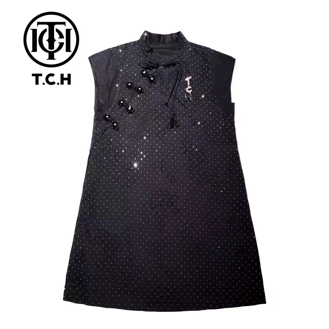 T.C.H/洋气春夏重工烫钻气质时尚黑色连衣裙T72B30E9023