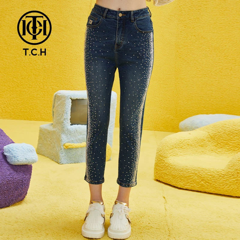 TCH潮牌银色烫钻修身蓝色弹力小脚牛仔裤T69A208009