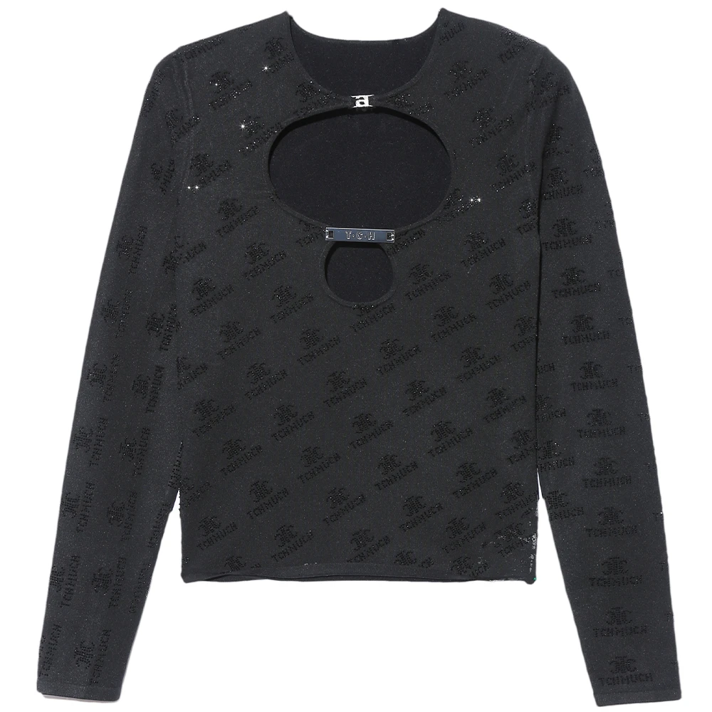 TCH潮牌烫钻满钻老花镂空高弹短款女士黑色打底衫T69D026008