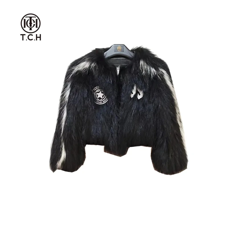 轻奢-TCH潮牌黑色银色烫钻时尚宽松毛毛保暖外套冬季S69D058002