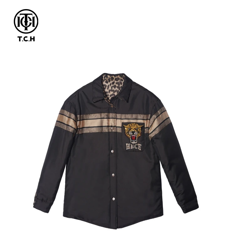 TCH潮牌烫钻字母时髦潮流个性豹纹休闲立领羽绒服T69D198008