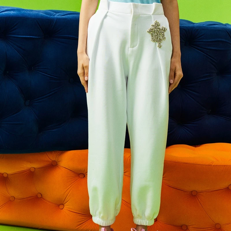 潮牌-TCH轻奢潮牌秋冬新款烫钻简约款直筒舒适休闲裤T66C206118