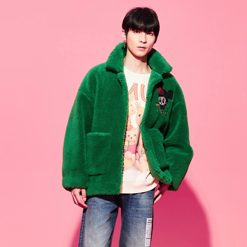 爆款-TCH潮牌烫钻时尚保暖秋冬厚外套情侣绿色毛毛外套T69D276037