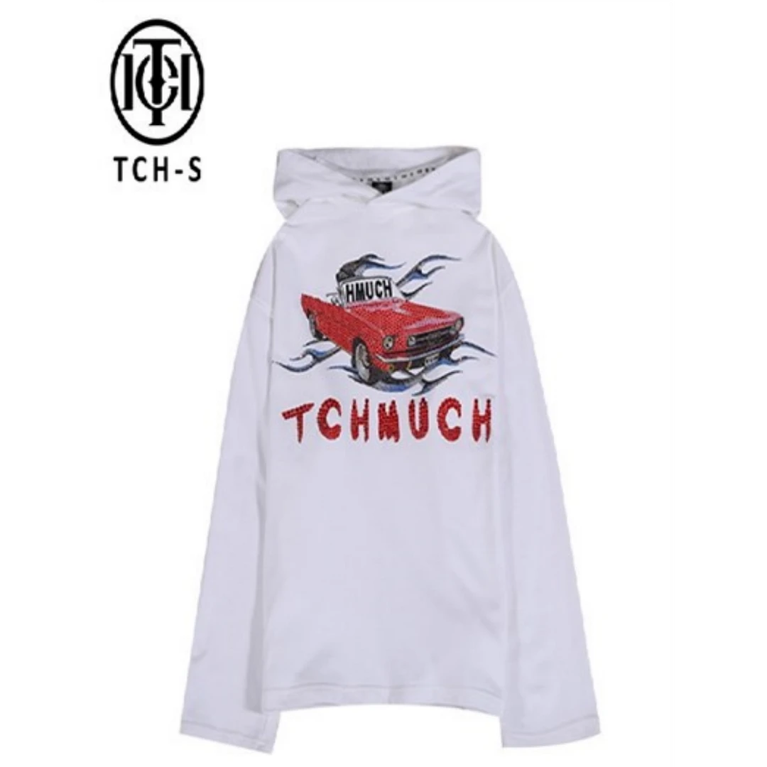 男装-TCH时尚小汽车字母烫钻宽松长袖白色连帽卫衣S66C129060