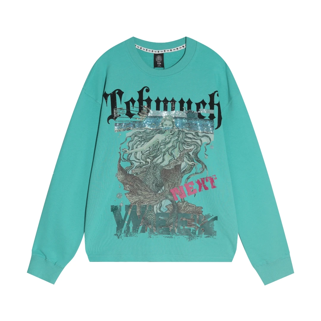 TCH轻奢秋冬新款慵懒风美人鱼烫钻圆领长袖洋气卫衣T21111C6018