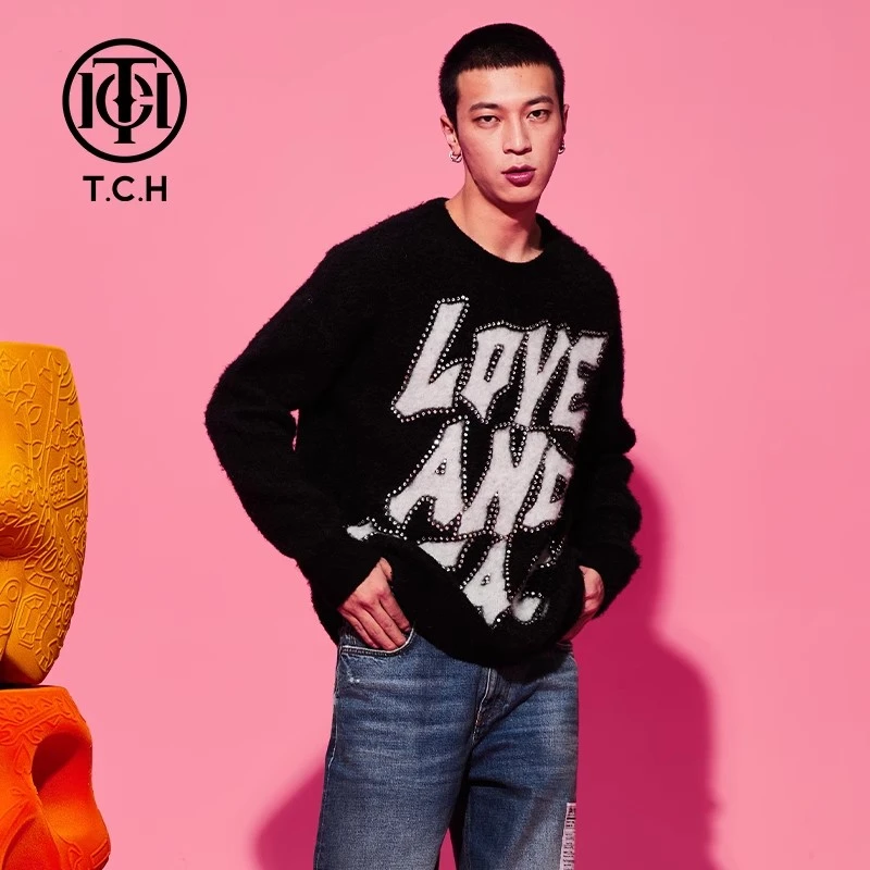 潮牌-TCH烫钻字母个性舒适长袖情侣针织衫T69D098011