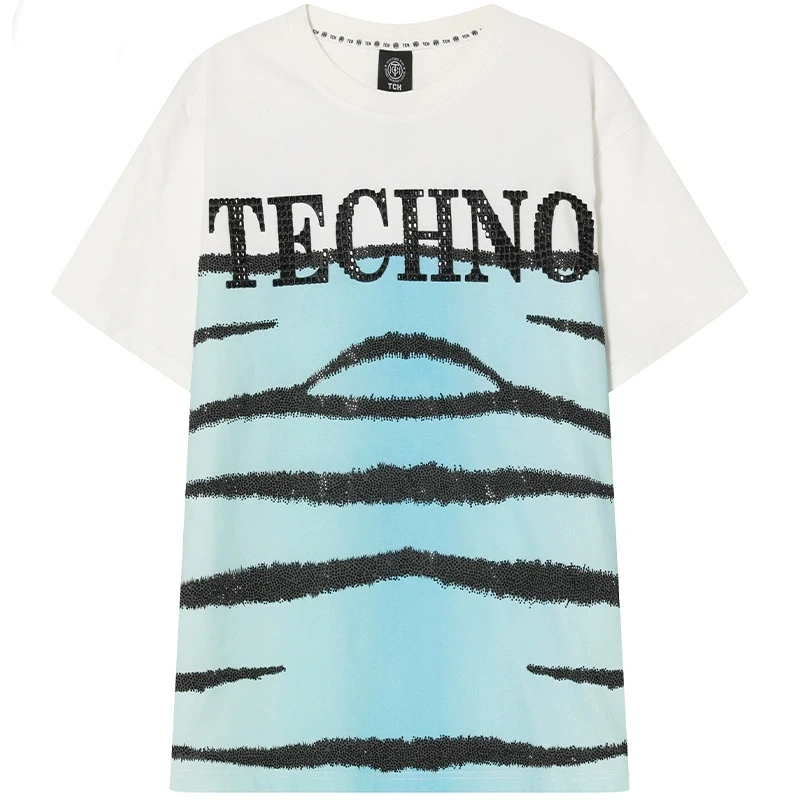 TCH轻奢烫钻工艺时尚字母撞色条纹休闲短袖T恤T69A106111私服tch