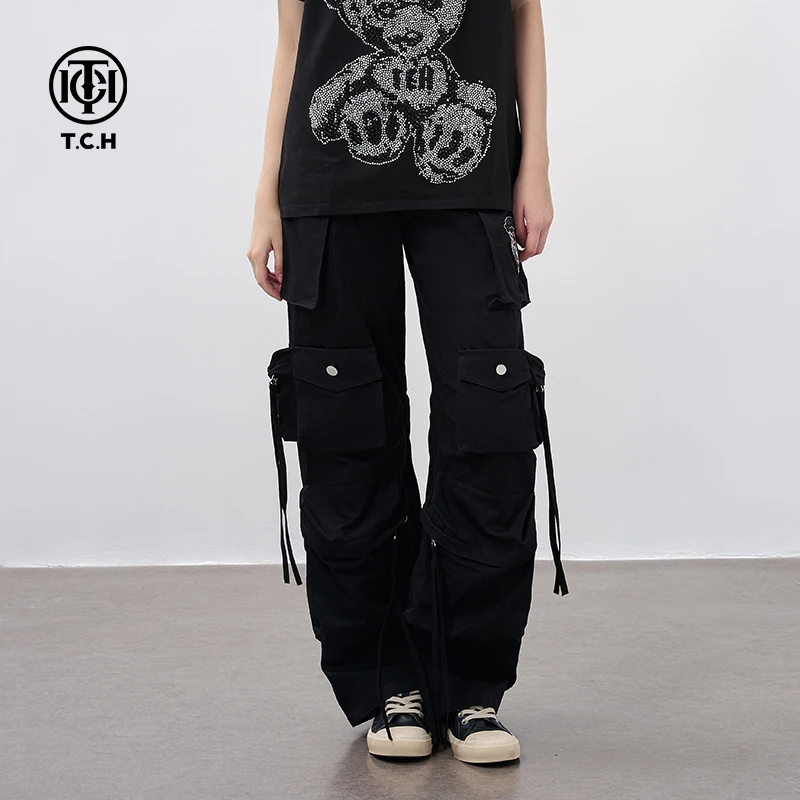 轻奢-TCH虎头字母烫钻手工串珠时尚潮牌黑色工装裤T69C20E6011