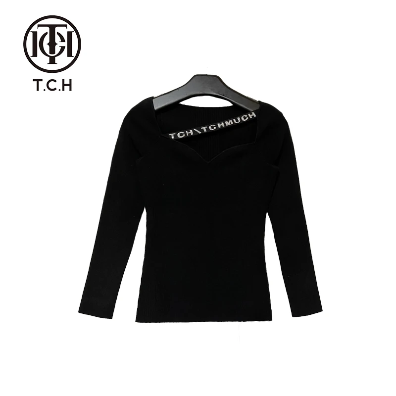 TCH轻奢烫钻工艺字母黑色打底毛针织衫女T66C09E8010私服tch