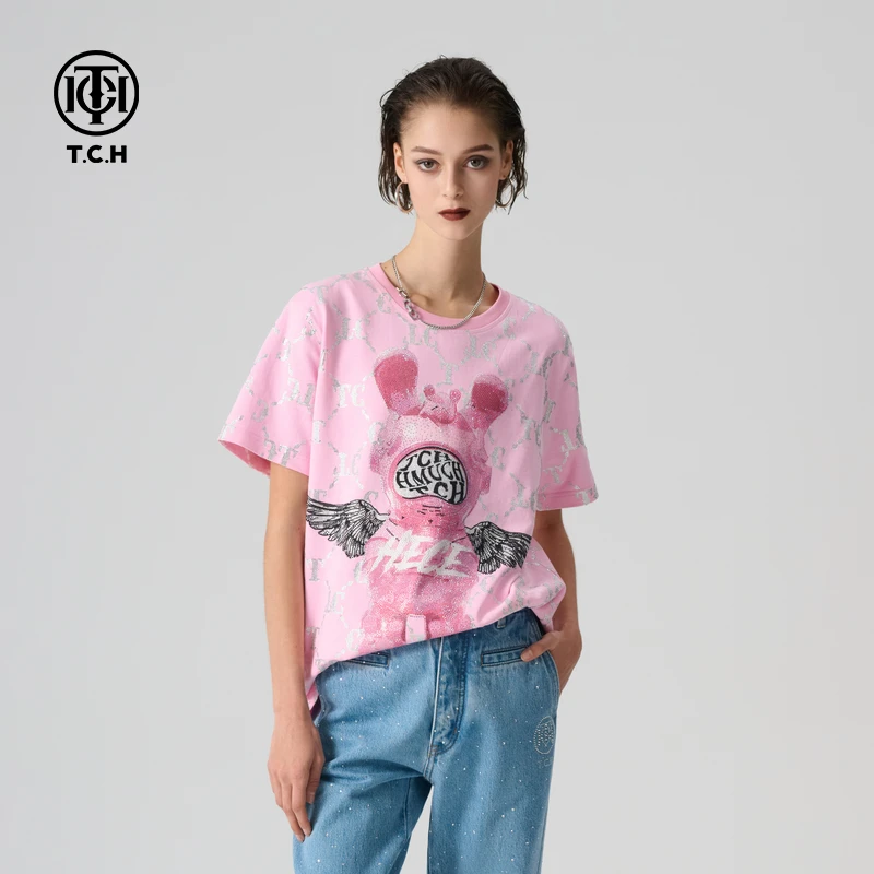 (现货）T.C.H2025春夏新款时尚烫钻圆领短袖T恤男女同款T72B106162