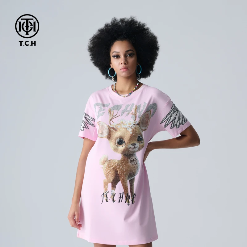(现货）T.C.H/轻奢2025夏季新款粉色烫钻小鹿百搭T恤裙T72B306027