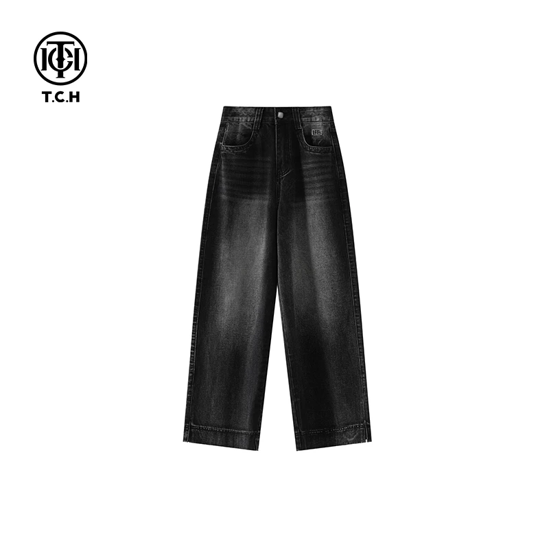 奥莱-TCH潮牌烫钻时尚百搭黑色宽松复古直筒牛仔裤S72A208018