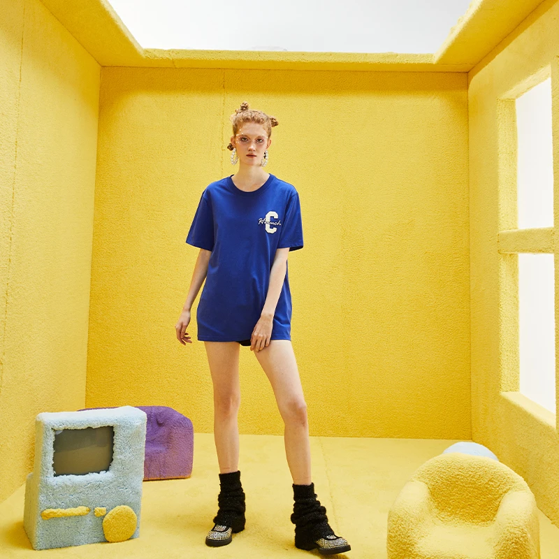 男装-TCH潮牌磨毛字母休闲时尚百搭情侣蓝色简约insT恤S69A106049