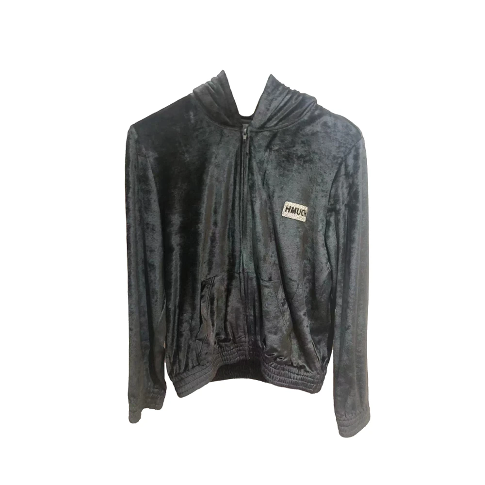 奥莱-T.C.H24新款百搭烫钻时尚丝绒连帽黑色长袖外套T72A17E6007