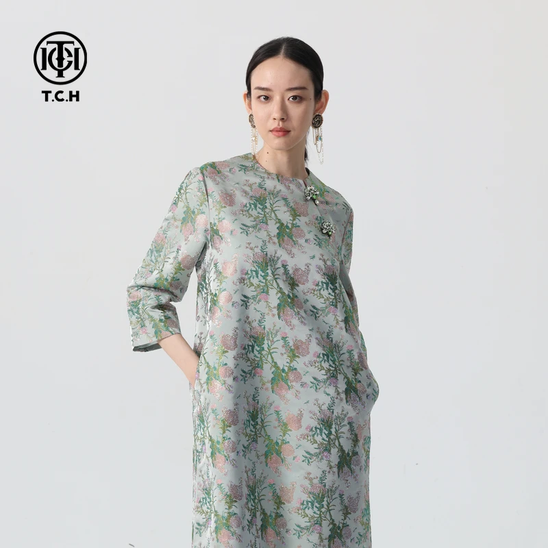 TCH轻奢烫钻工艺新中式国风气质印花连衣裙女T72C306025私服tch